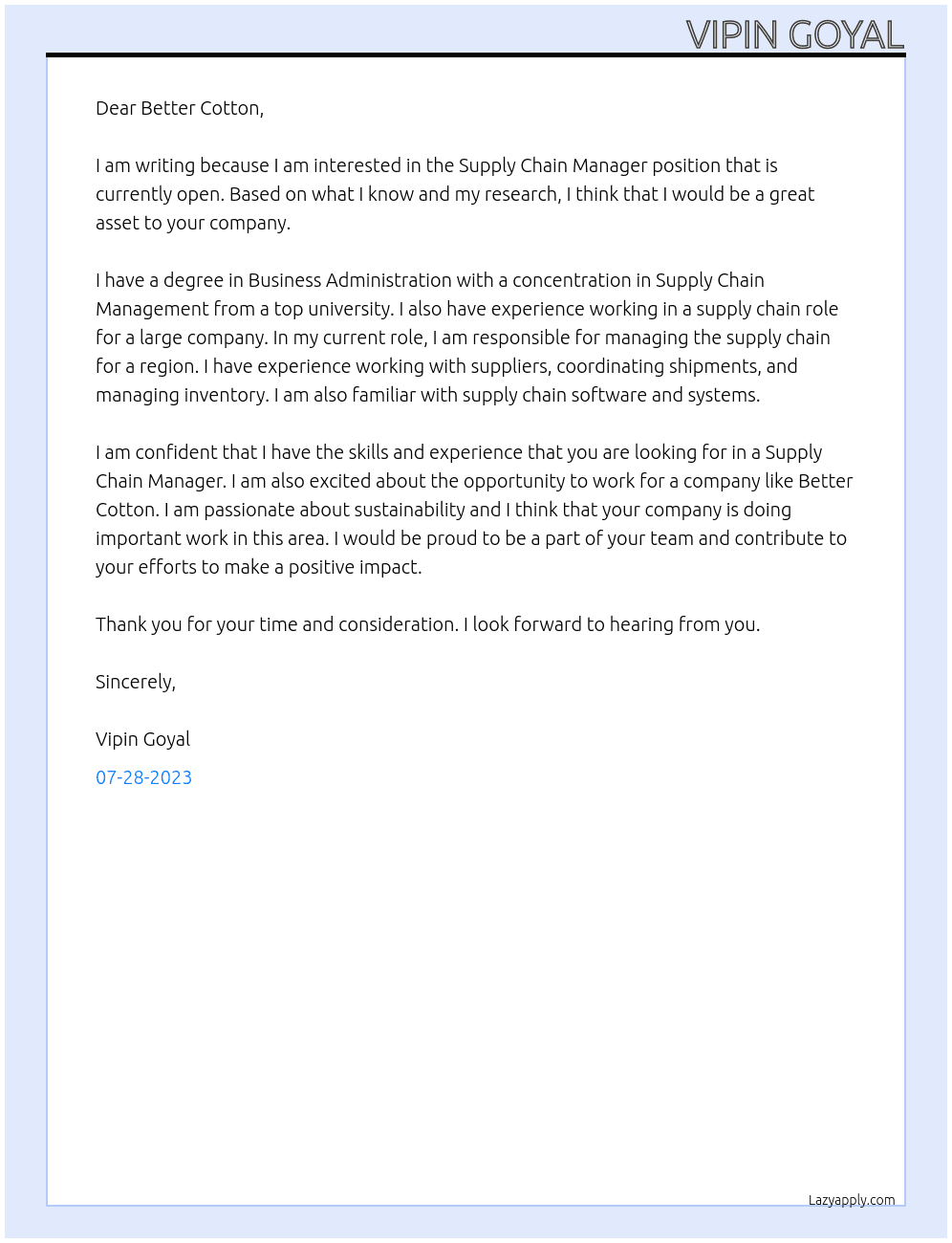Supply chain manager At Better Cotton Cover Letter