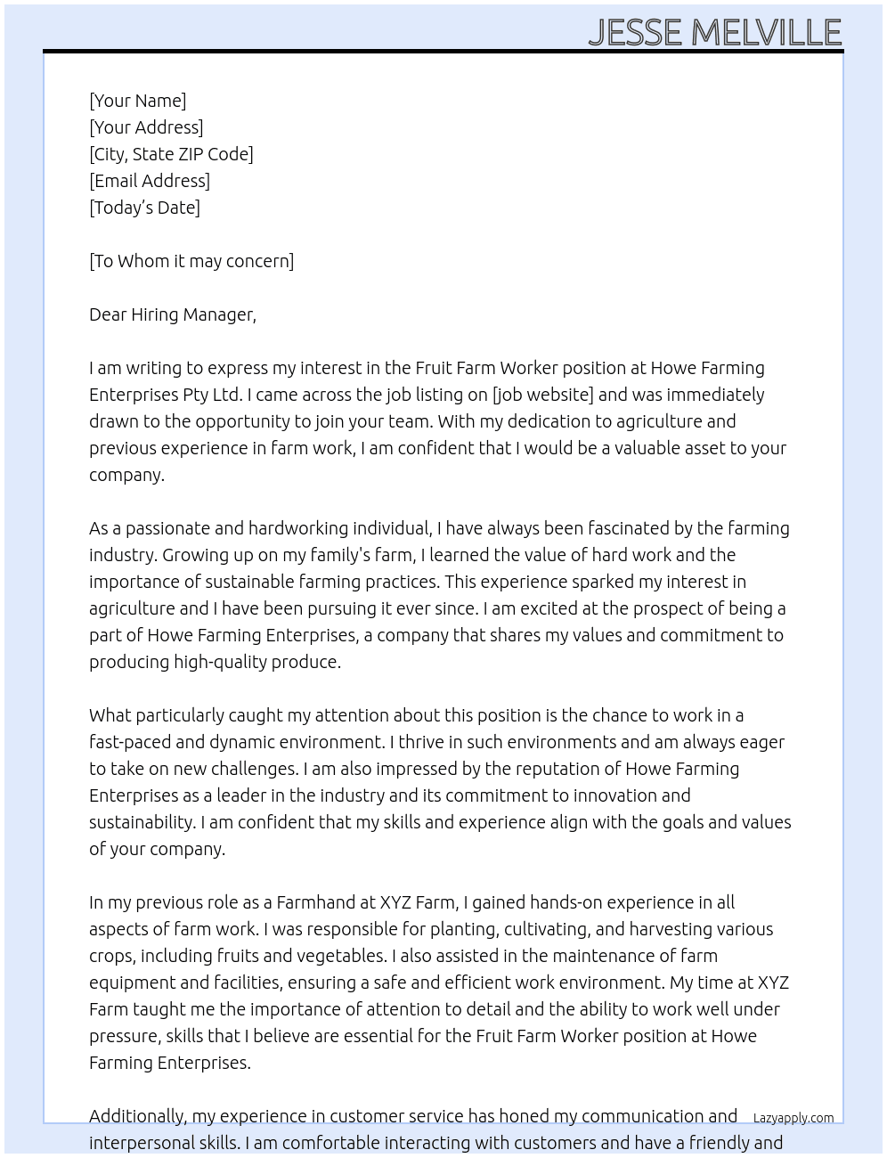 Fruit farm worker At Howe Farming Enterprises Pty Ltd Cover Letter