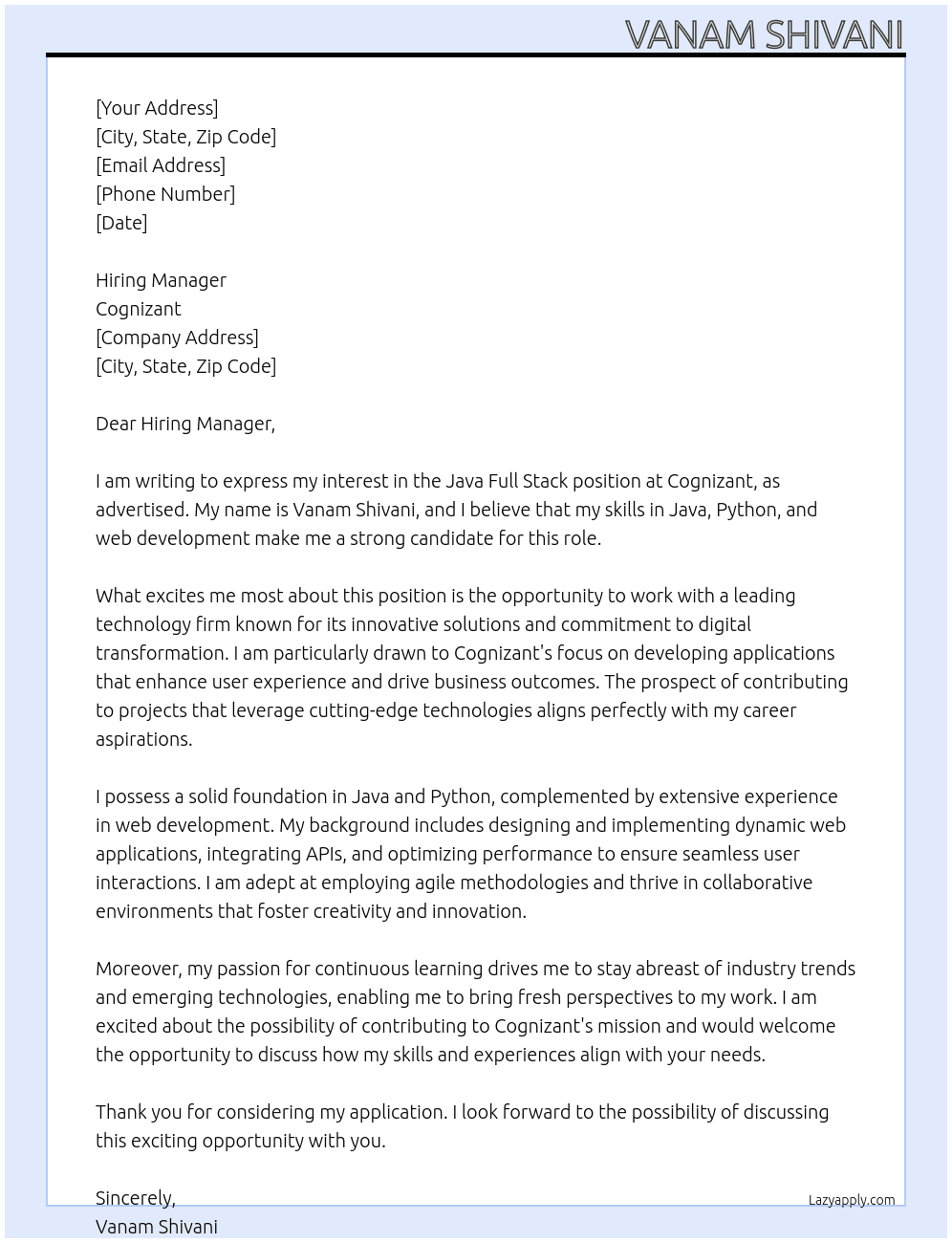 Cover letter for java full stack - LazyApply