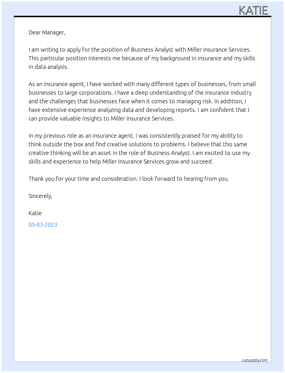 Business Analyst At Miller Insurance Services Cover Letter