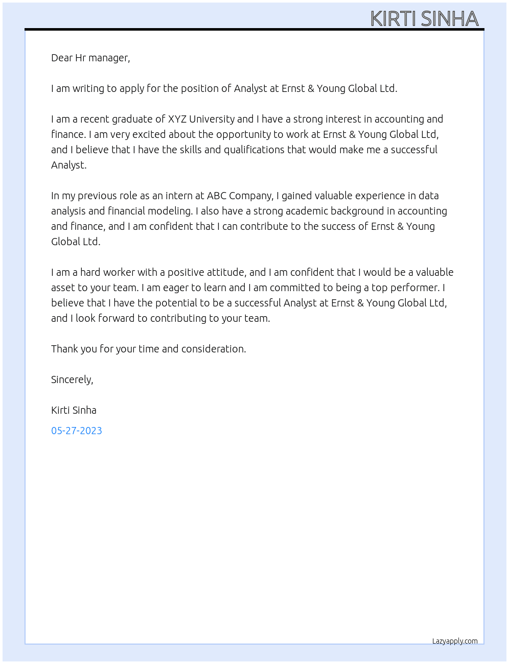 Analyst  At Ernst & young global ltd Cover Letter