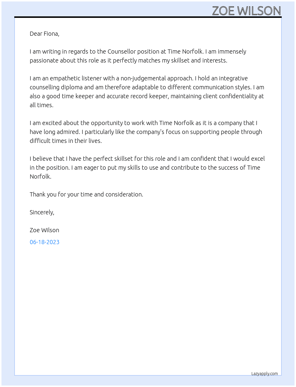 Counsellor At Time Norfolk Cover Letter