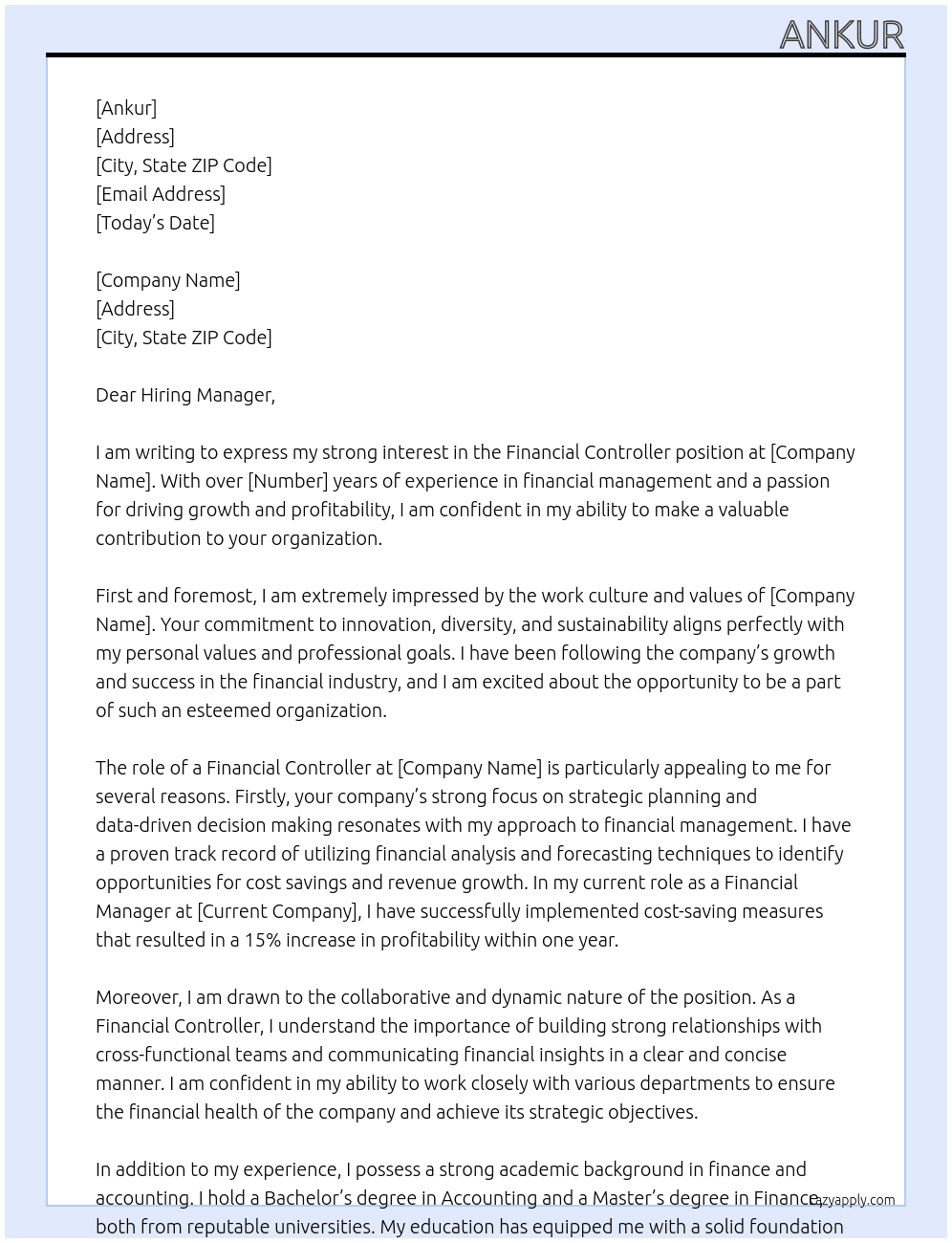 Financial Controller At Various Cover Letter