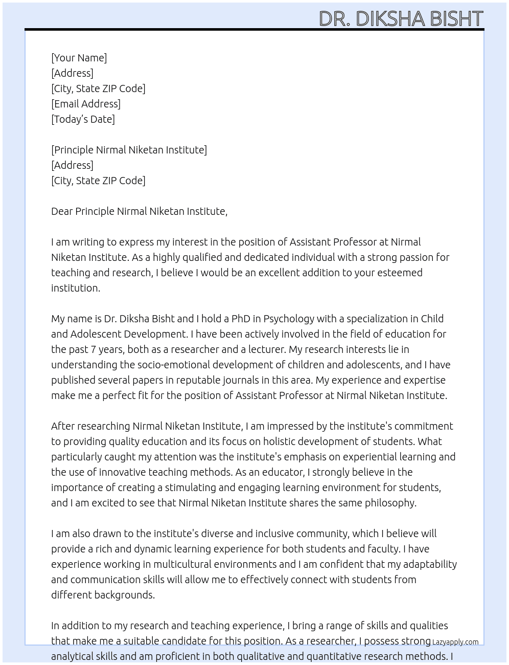 Assiatnat Professor At Nirmal Niketan Instutute  Cover Letter