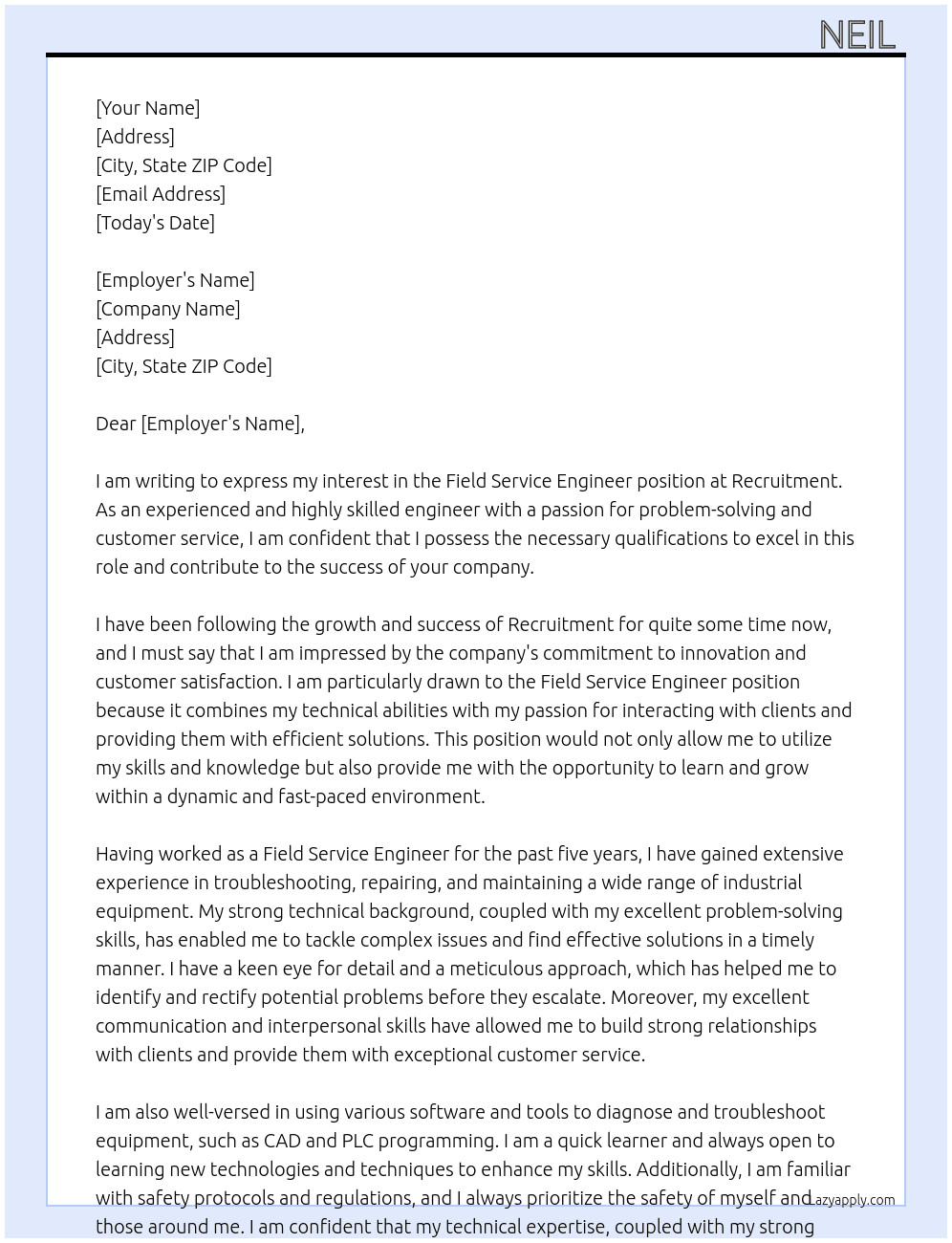 Field Service Engineer At recruitment Cover Letter