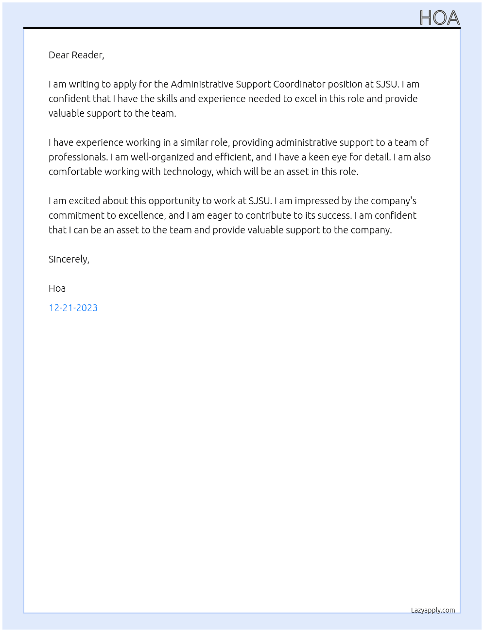 Administrative Support Coordinator At SJSU Cover Letter