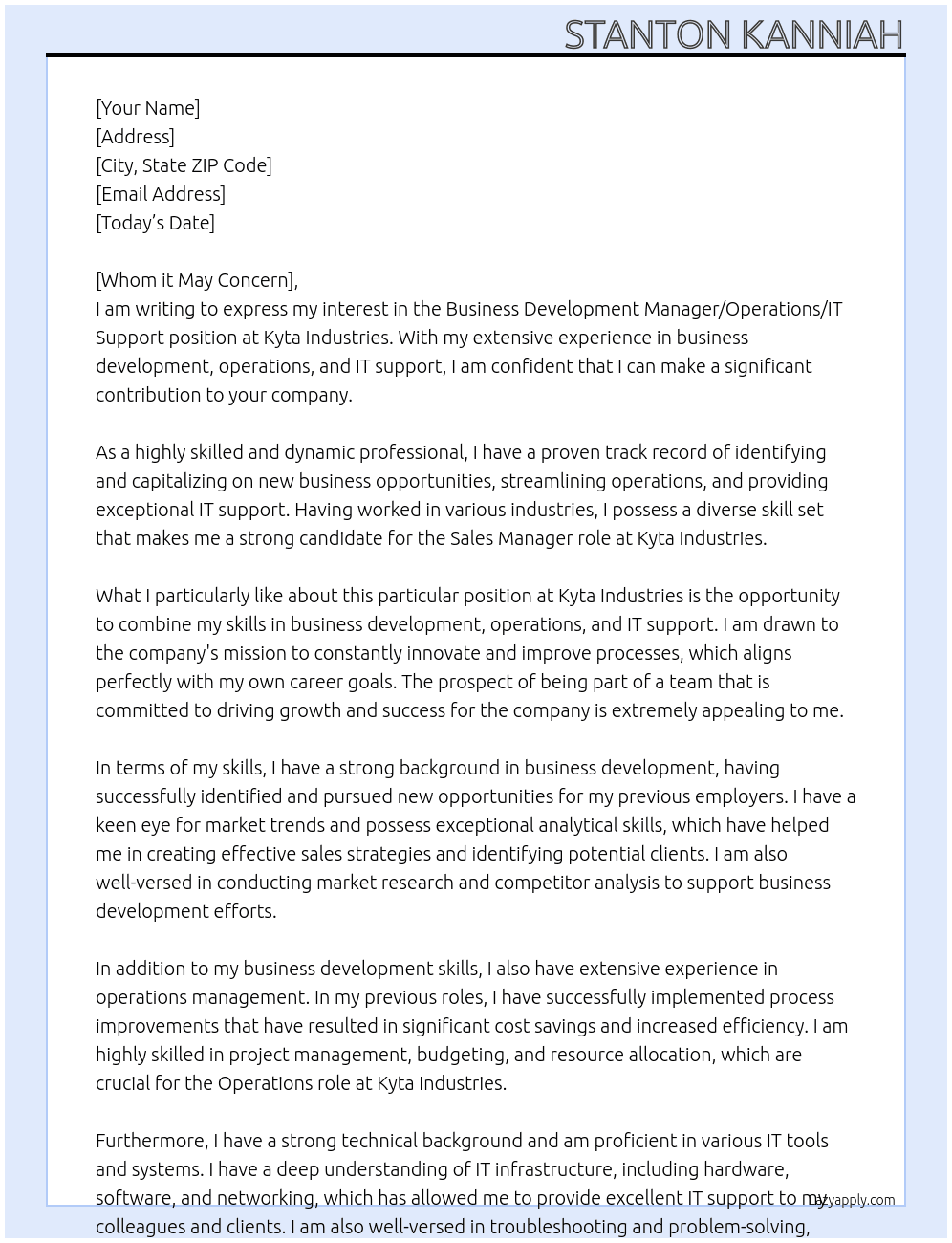 Business Development Manager/Operations/ IT Support  At Kyta Industries  Cover Letter