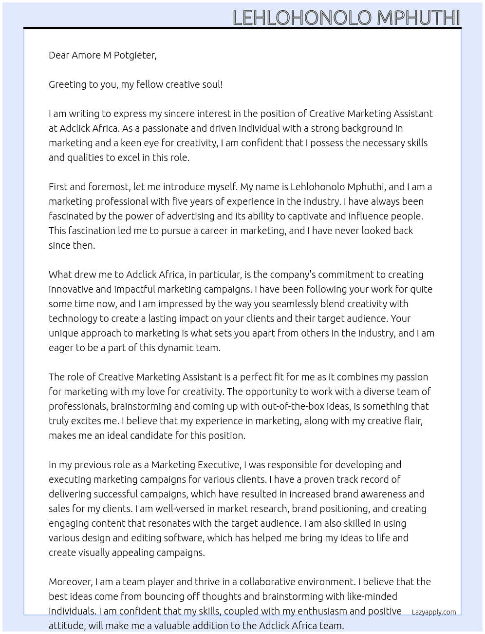 Creative Marketing Assistant  At Adclick Africa  Cover Letter