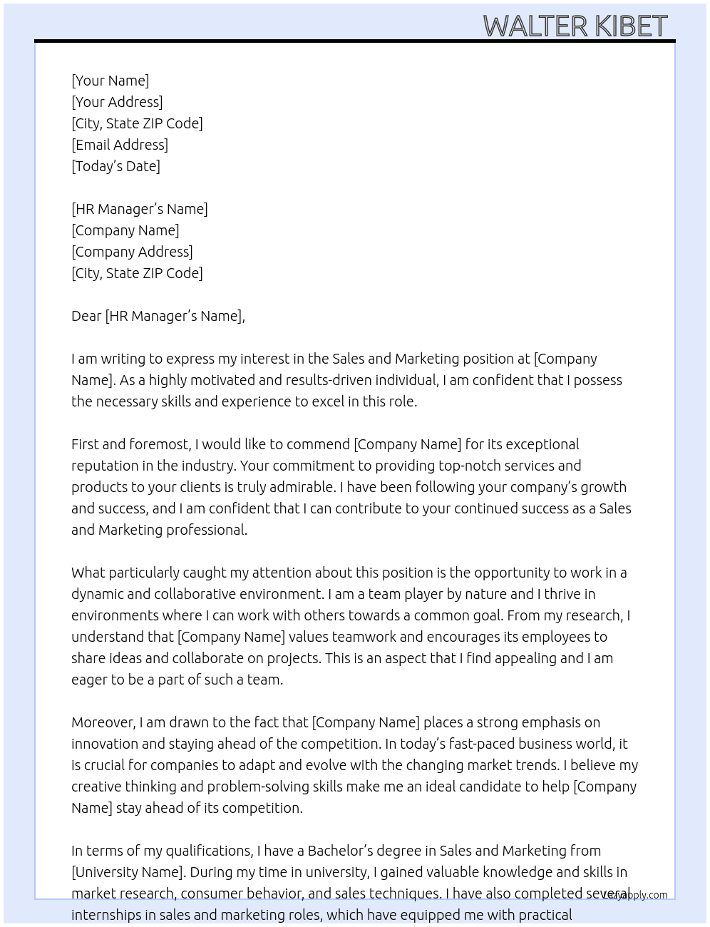 Sales and marketing  At Institution  Cover Letter
