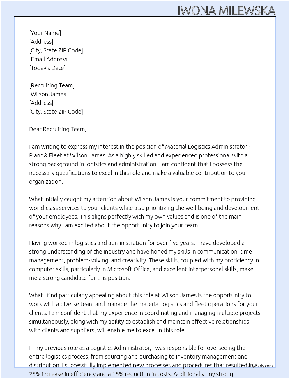 Material Logistics Administrator - Plant & Fleet At Wilson James Cover Letter