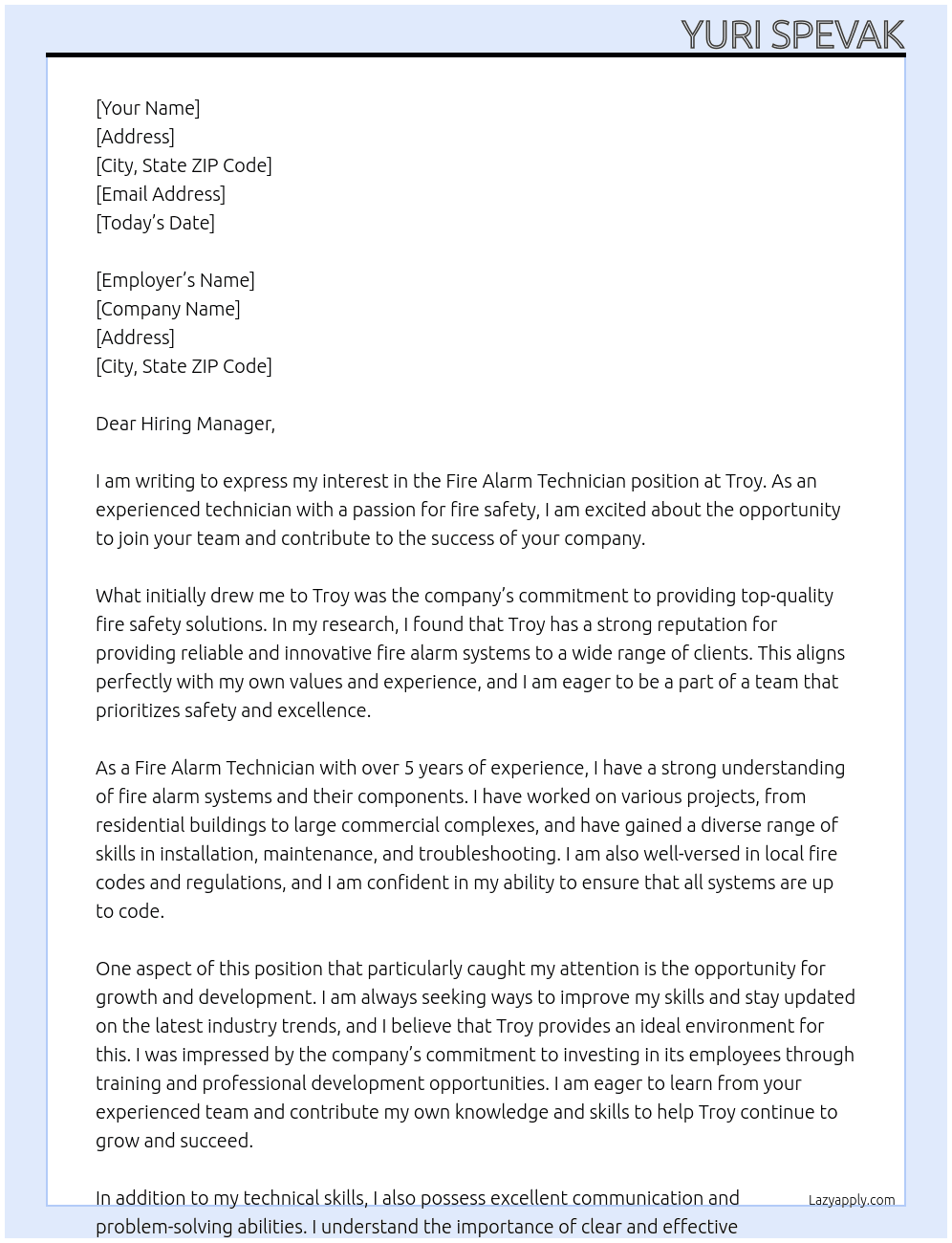 Fire Alarm Technician At Troy Cover Letter