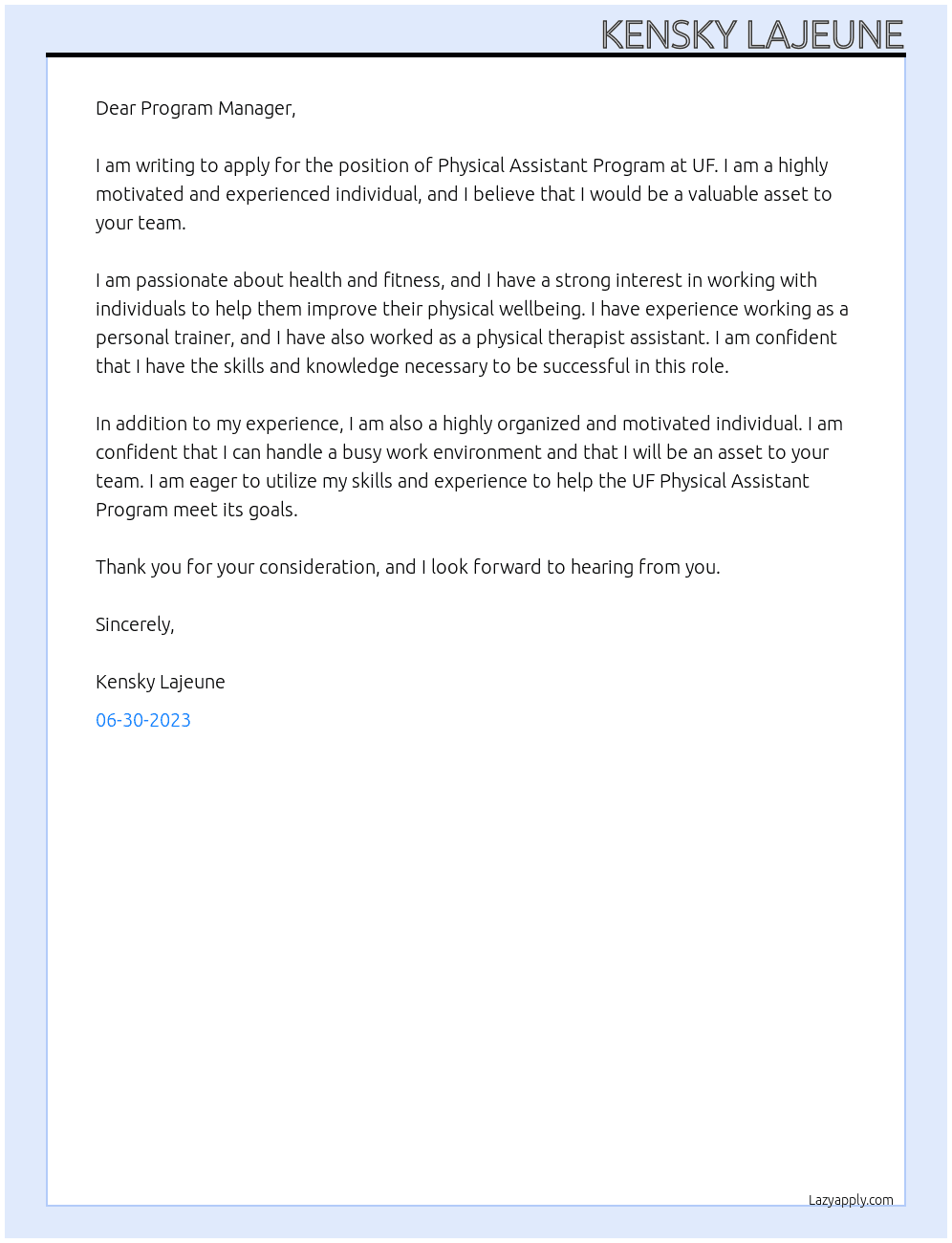 Physical Assistant Program At UF Physical Assistant Program Cover Letter