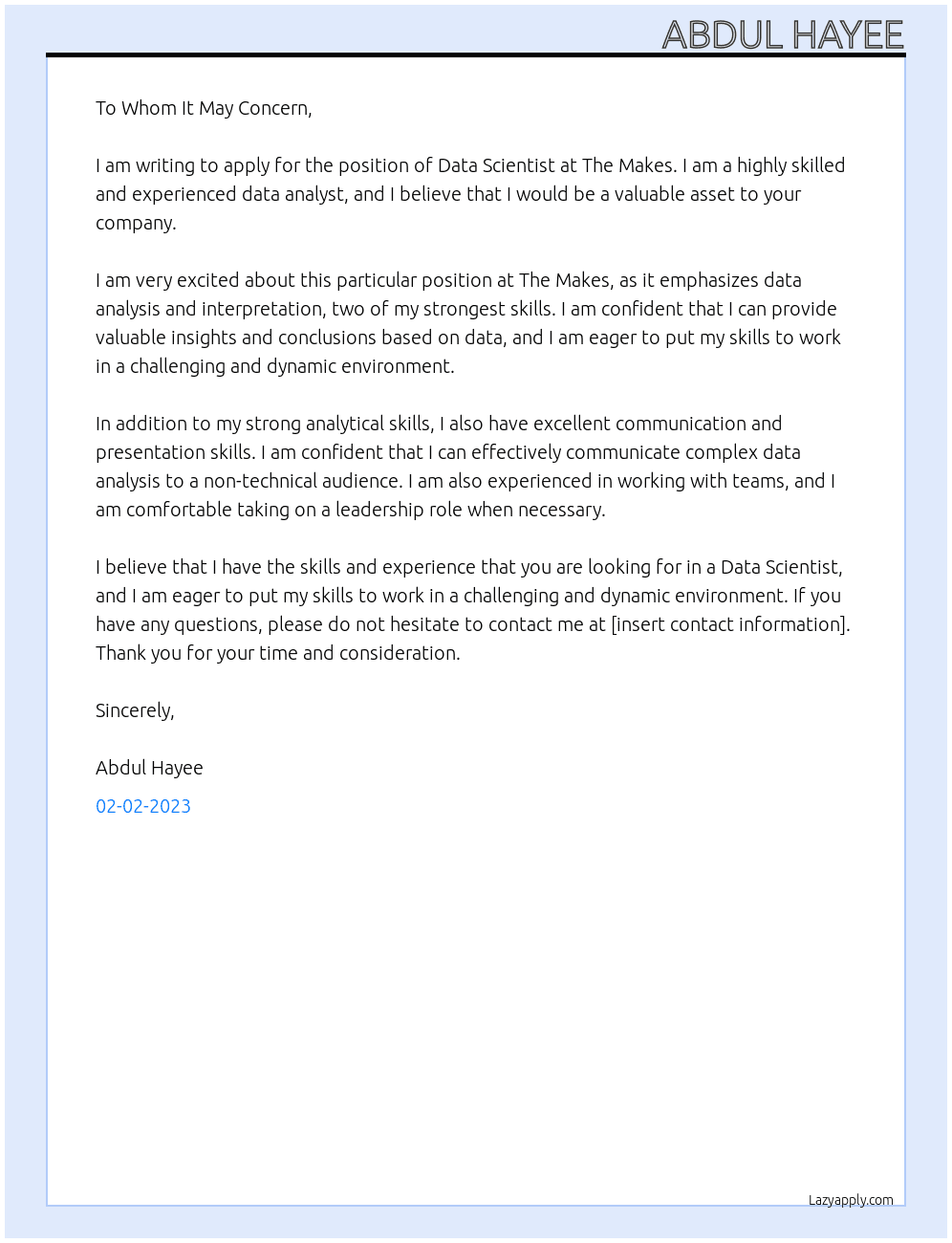 Data scientist At the makes Cover Letter
