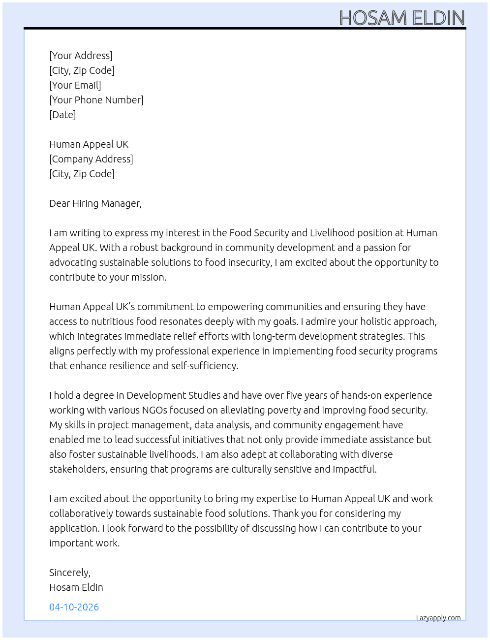 Food Security and Livelihood At Human Appeal UK Cover Letter