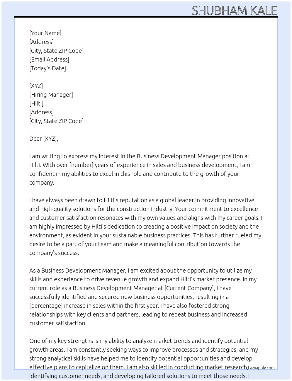 Business Development manager  At Hilti Cover Letter
