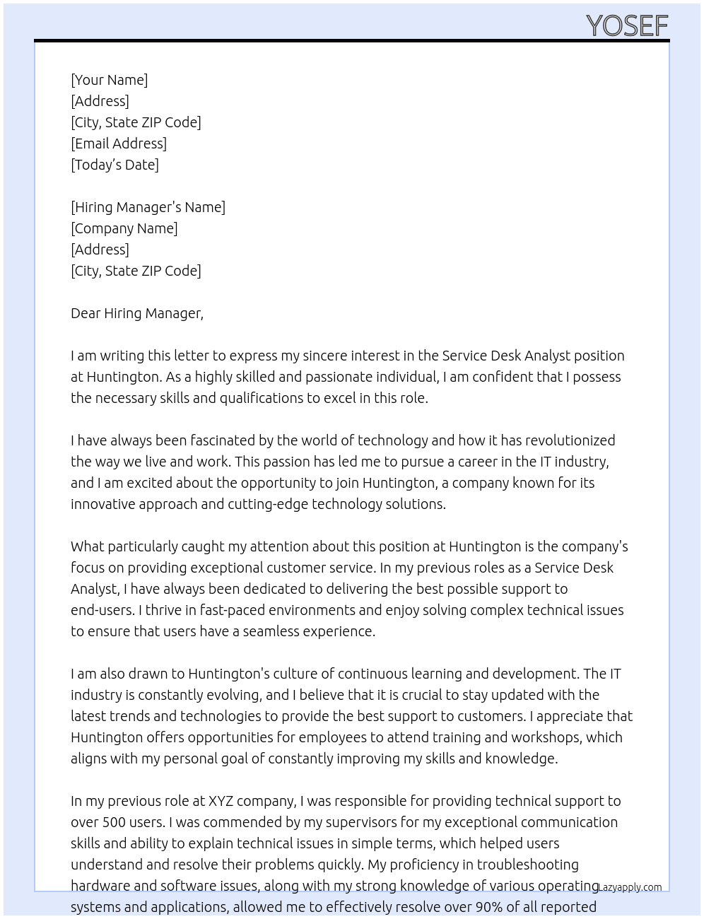 Service Desk Analyst At Huntington Cover Letter