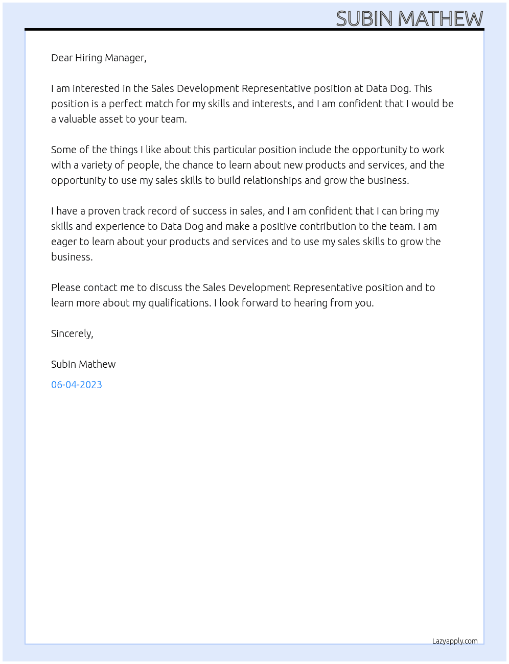 Sales Development Representative At Data Dog Cover Letter