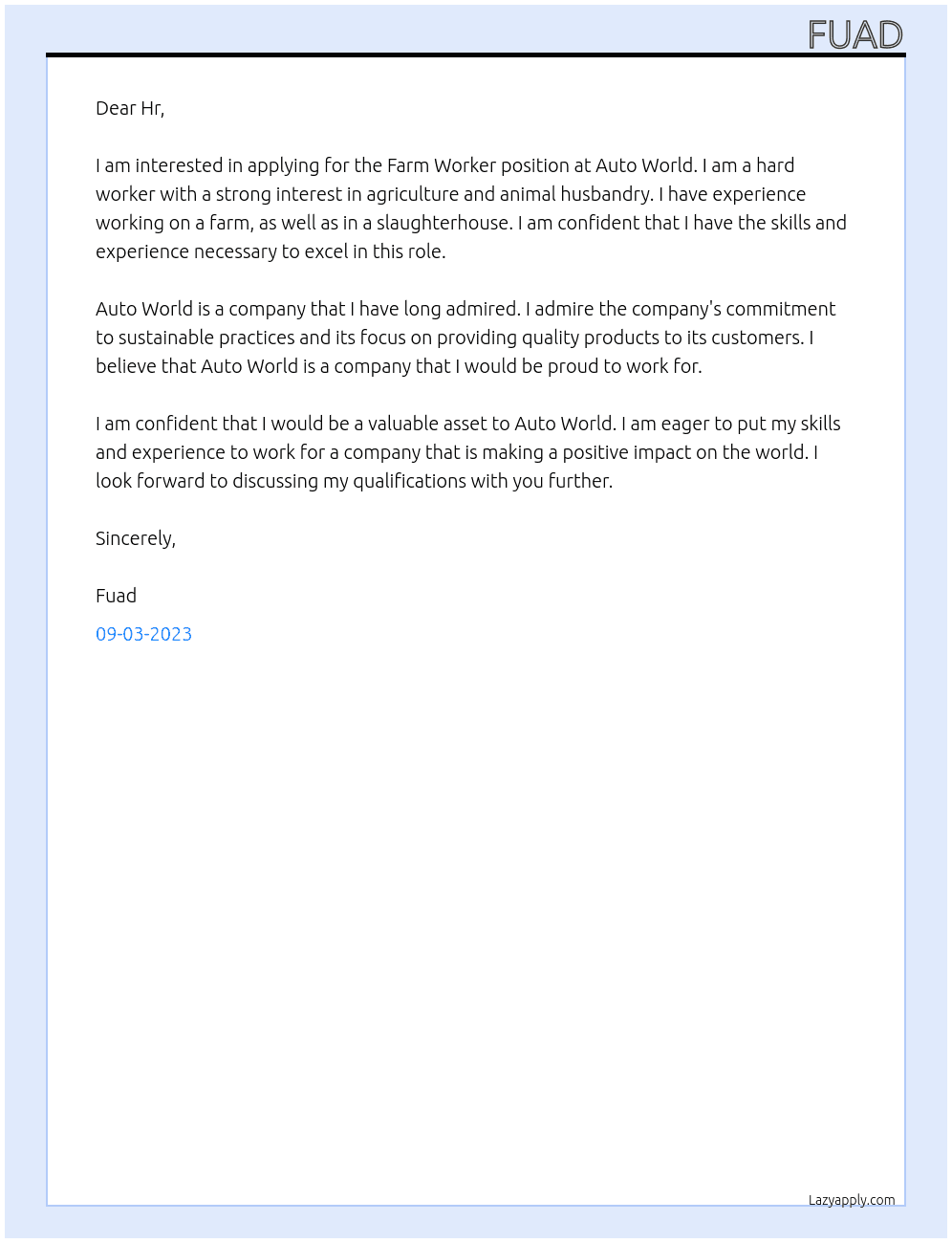 Farm Worker  At Auto world Cover Letter