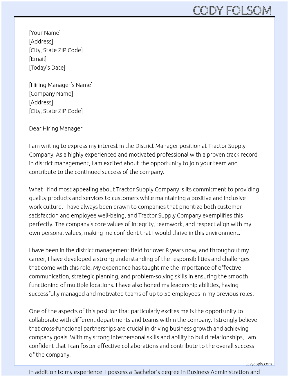 District Manager At Tractor Supply Company Cover Letter