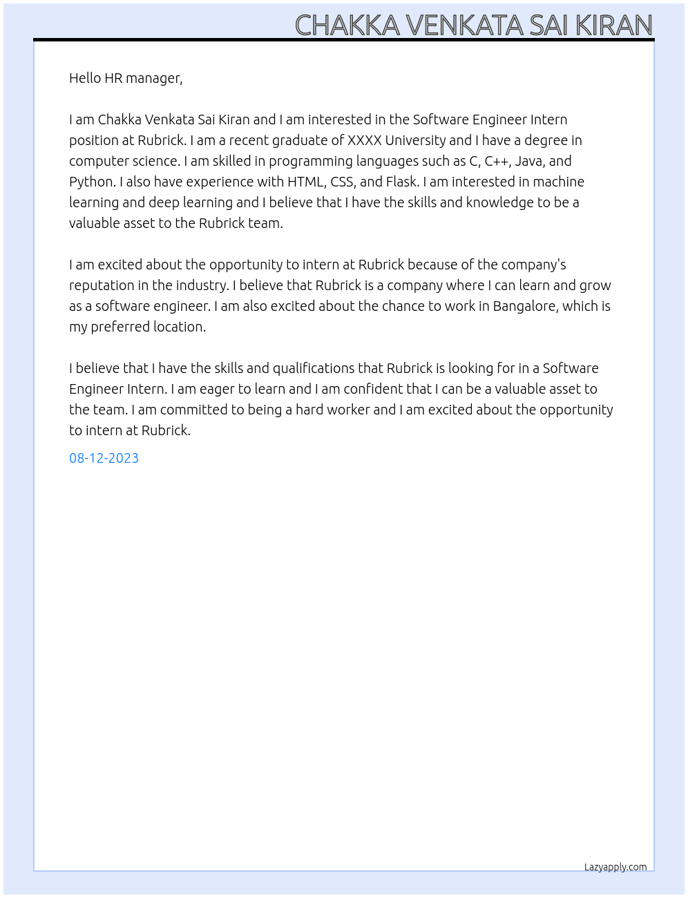 Software Engineer Intern At Rubrick Cover Letter