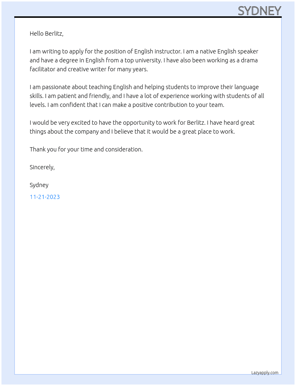 English instructor At Berlitz Cover Letter