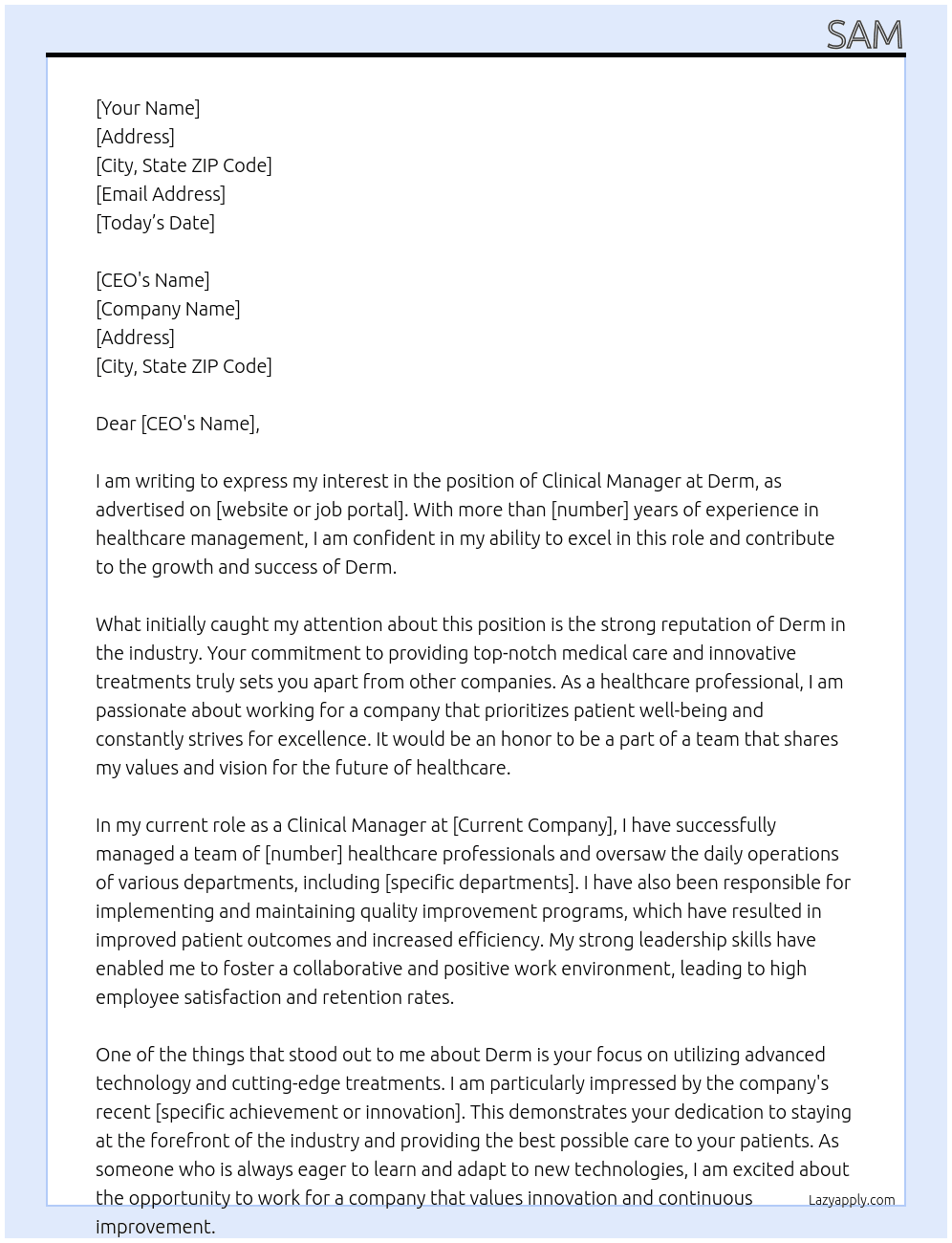 Clinical manager  At Derm Cover Letter
