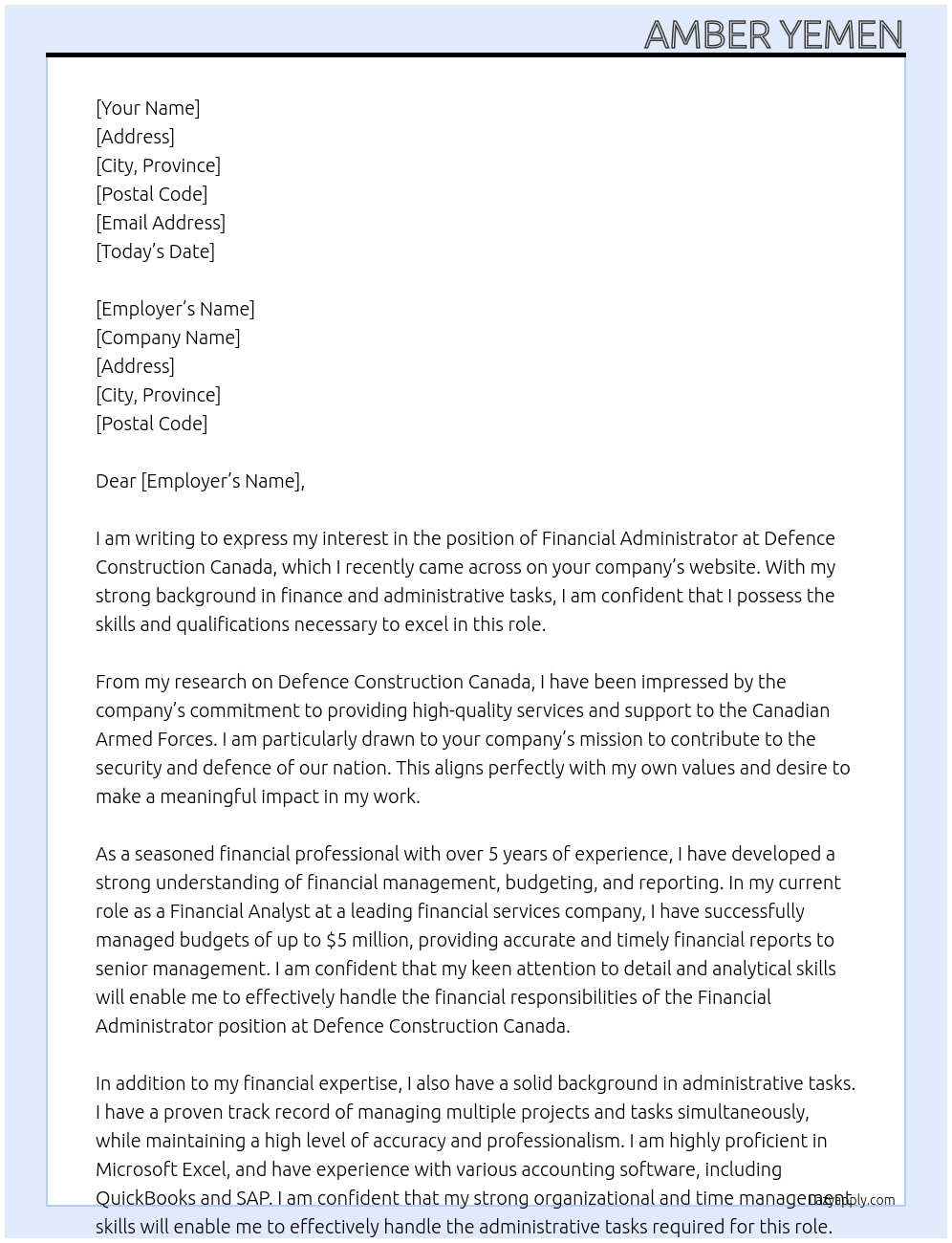 Financial Administrator At Defence Construction Canada Cover Letter