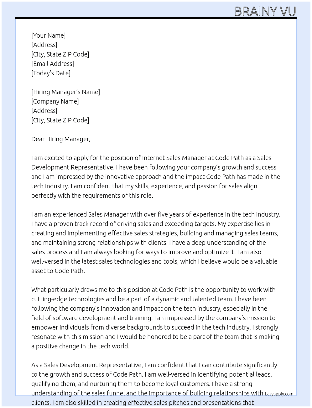 Internet Sales Manager At Code Path Cover Letter