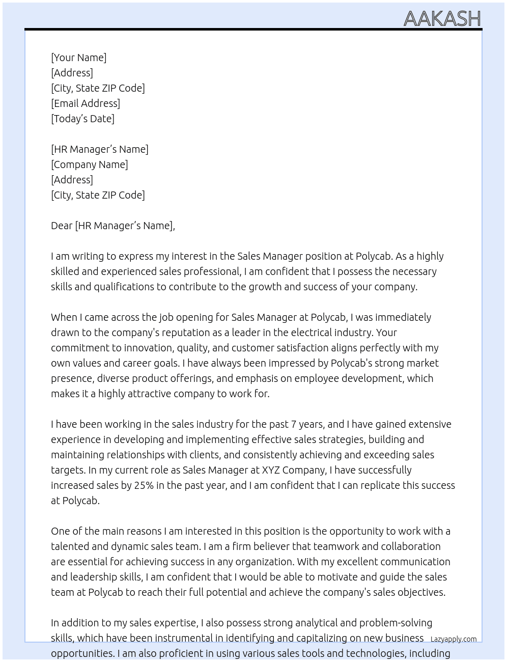 Sales Manager At Polycab Cover Letter