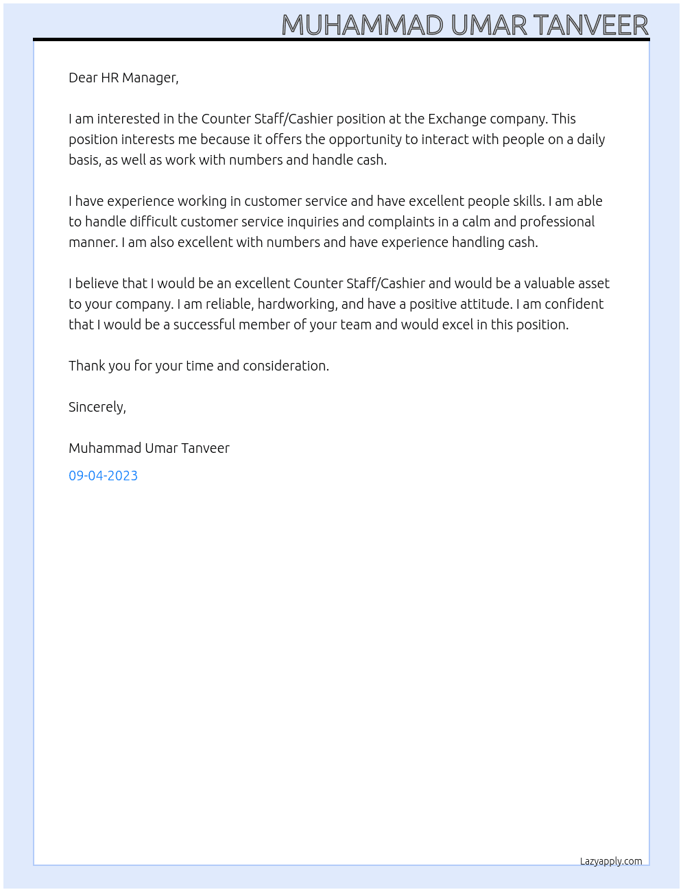 Counter Staff/Cashier At Exchange company Cover Letter