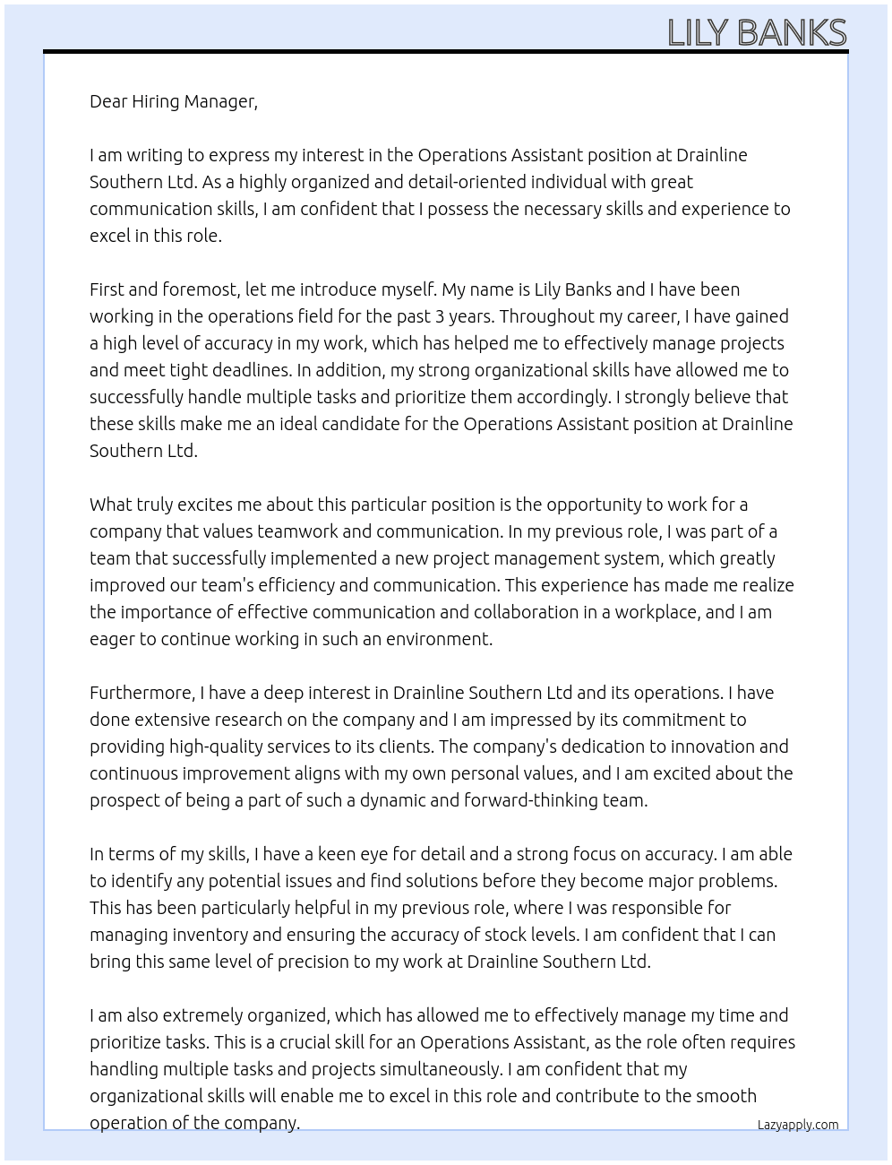 Operations assistant  At Drainline Southern Ltd Cover Letter