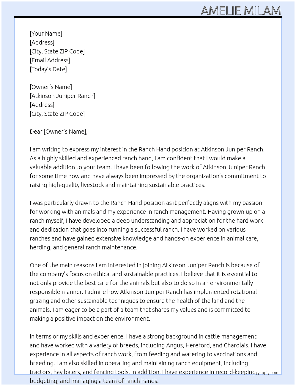 Ranch Hand  At Atkinson Juniper Ranch Cover Letter