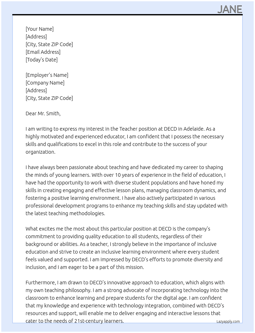 TEACHER  At DECD Cover Letter