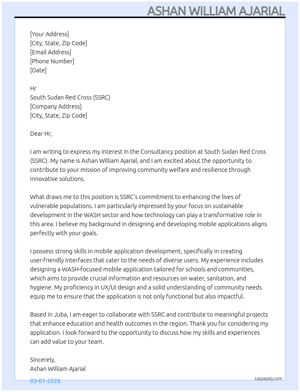 Consultancy  At South Sudan Red Cross SSRC  Cover Letter