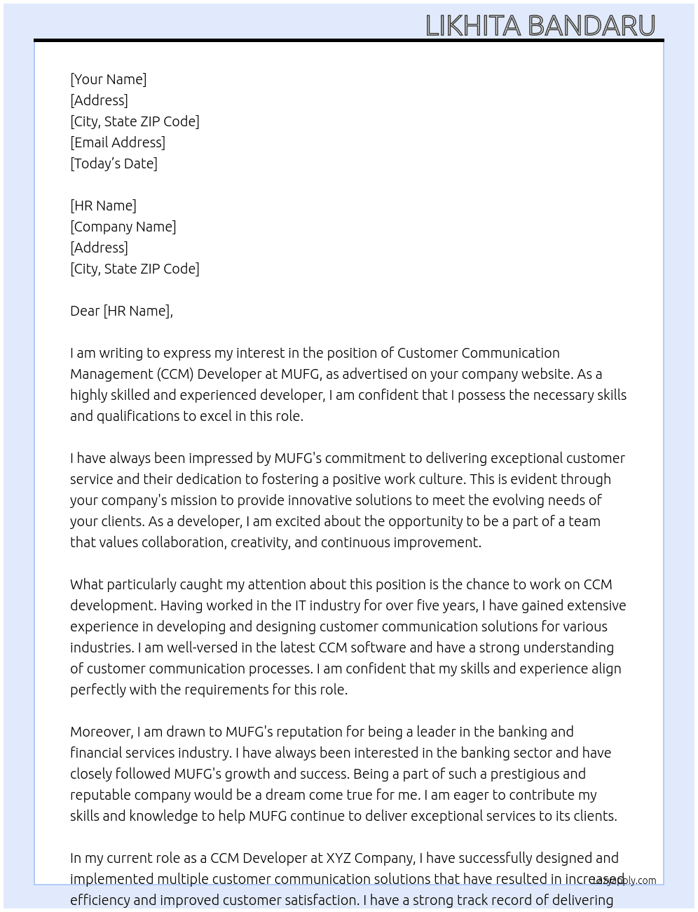 Customer Communication Management (CCM) Developer At MUFG Cover Letter