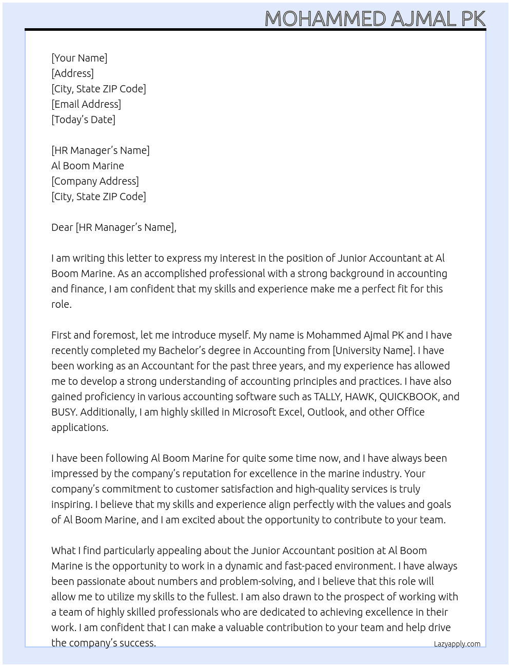 Junior Accountant At Al Boom Marine Cover Letter