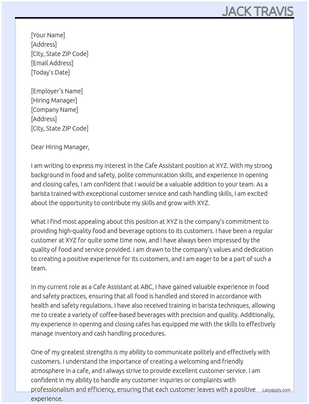 Cafe Assistant  At XYZ Cover Letter