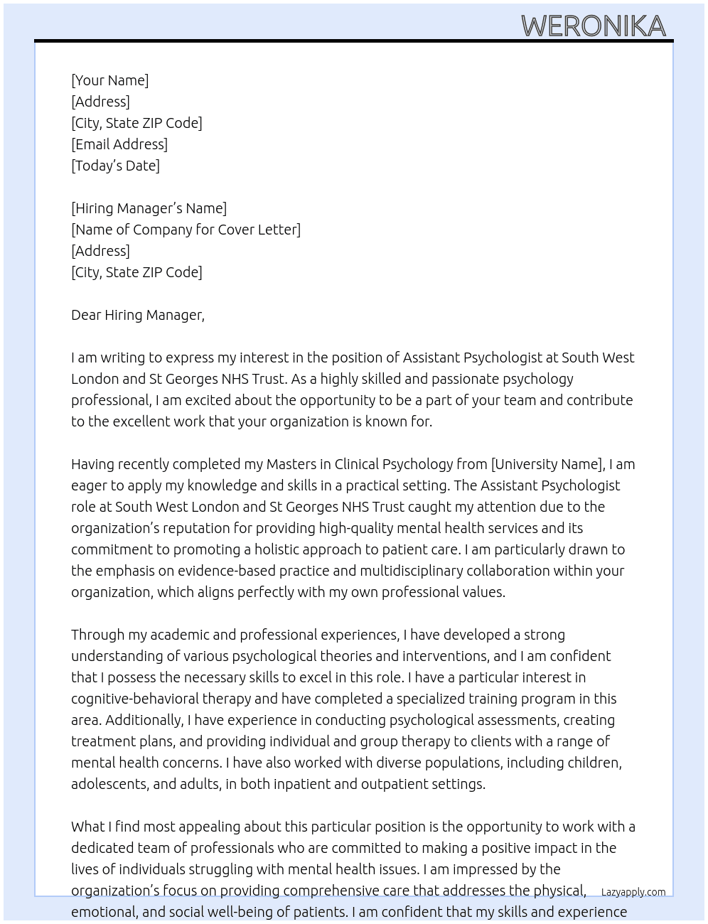 Assistant psychologist At South West London and St Georges NHS Trust Cover Letter