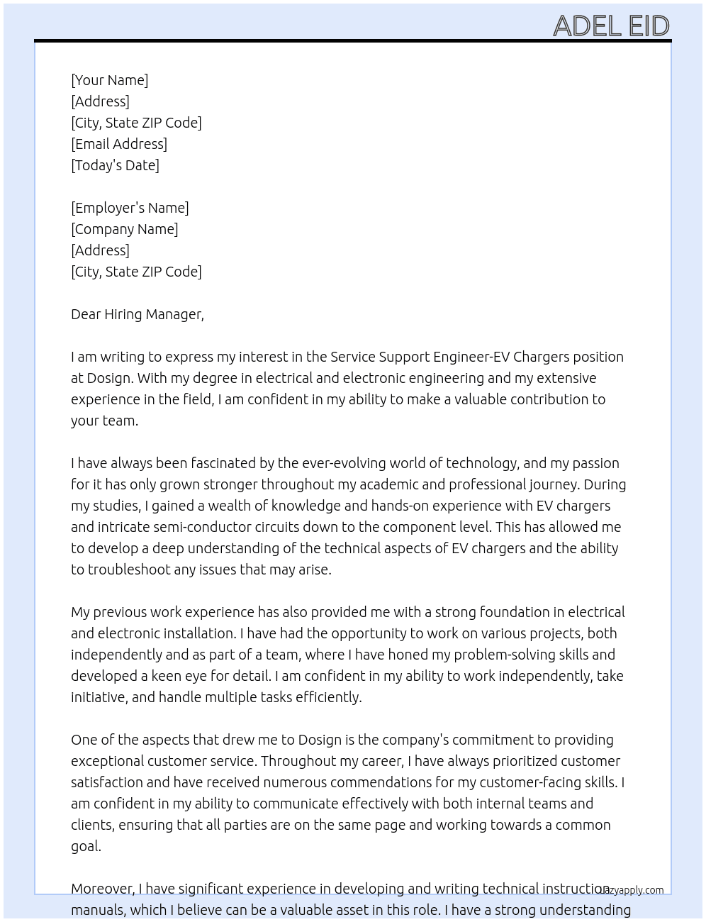 Service Support Engineer-EV Chargers At Dosign Cover Letter