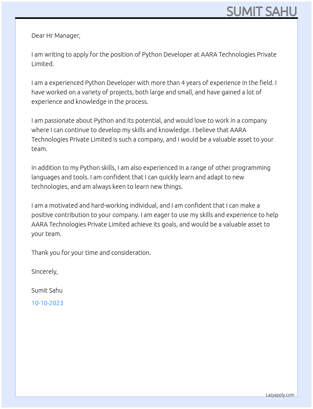 Python Developer At AARA Technologies Private Limited Cover Letter