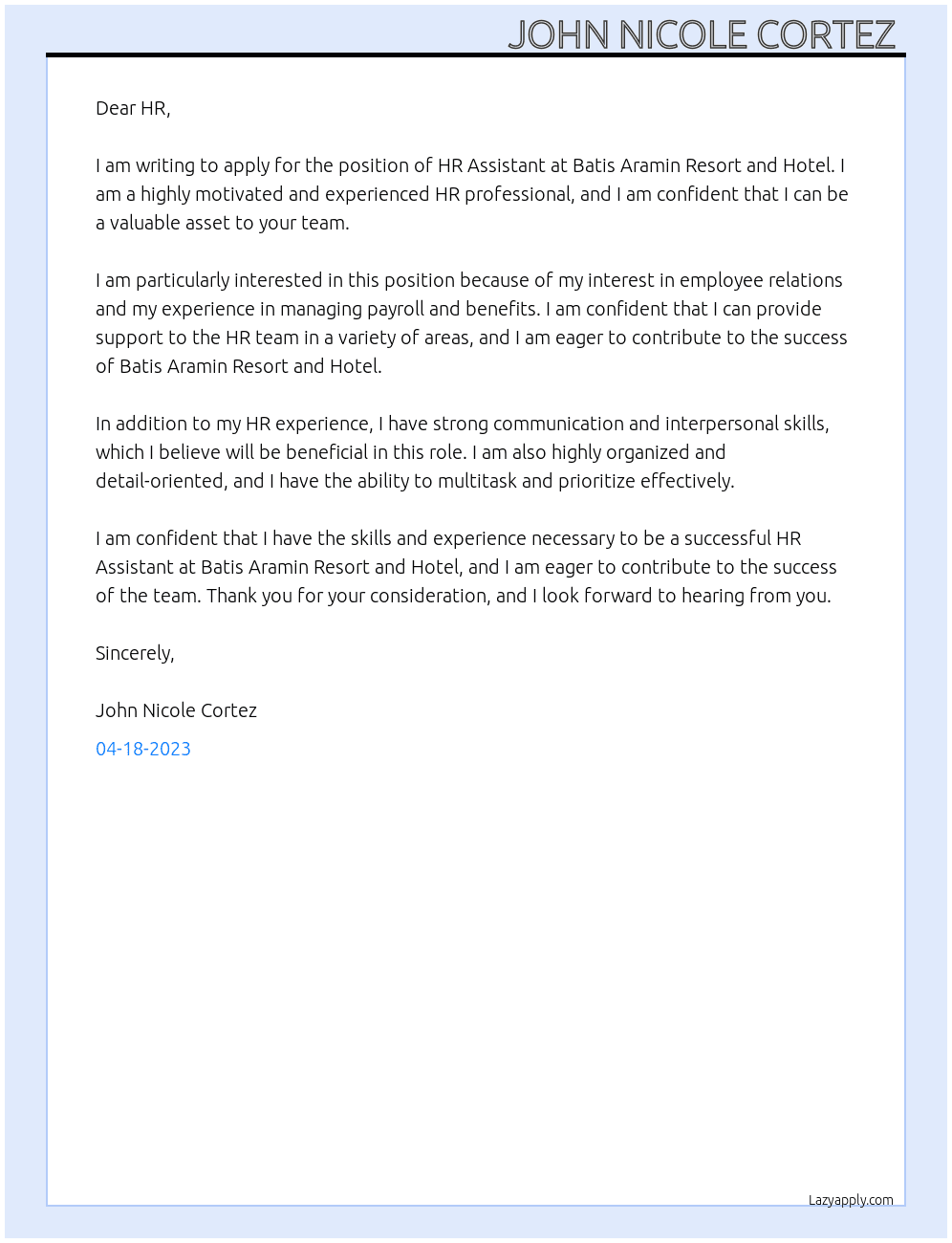 HR Assistant  At Batis Aramin Resort and Hotel  Cover Letter