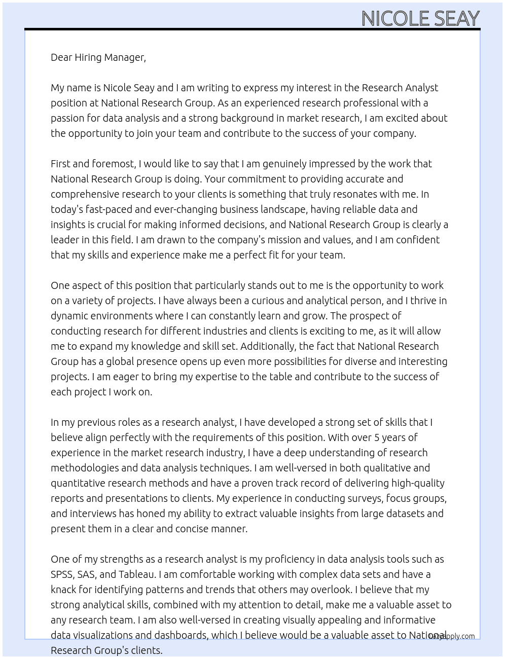 Research Analyst At National Research Group Cover Letter