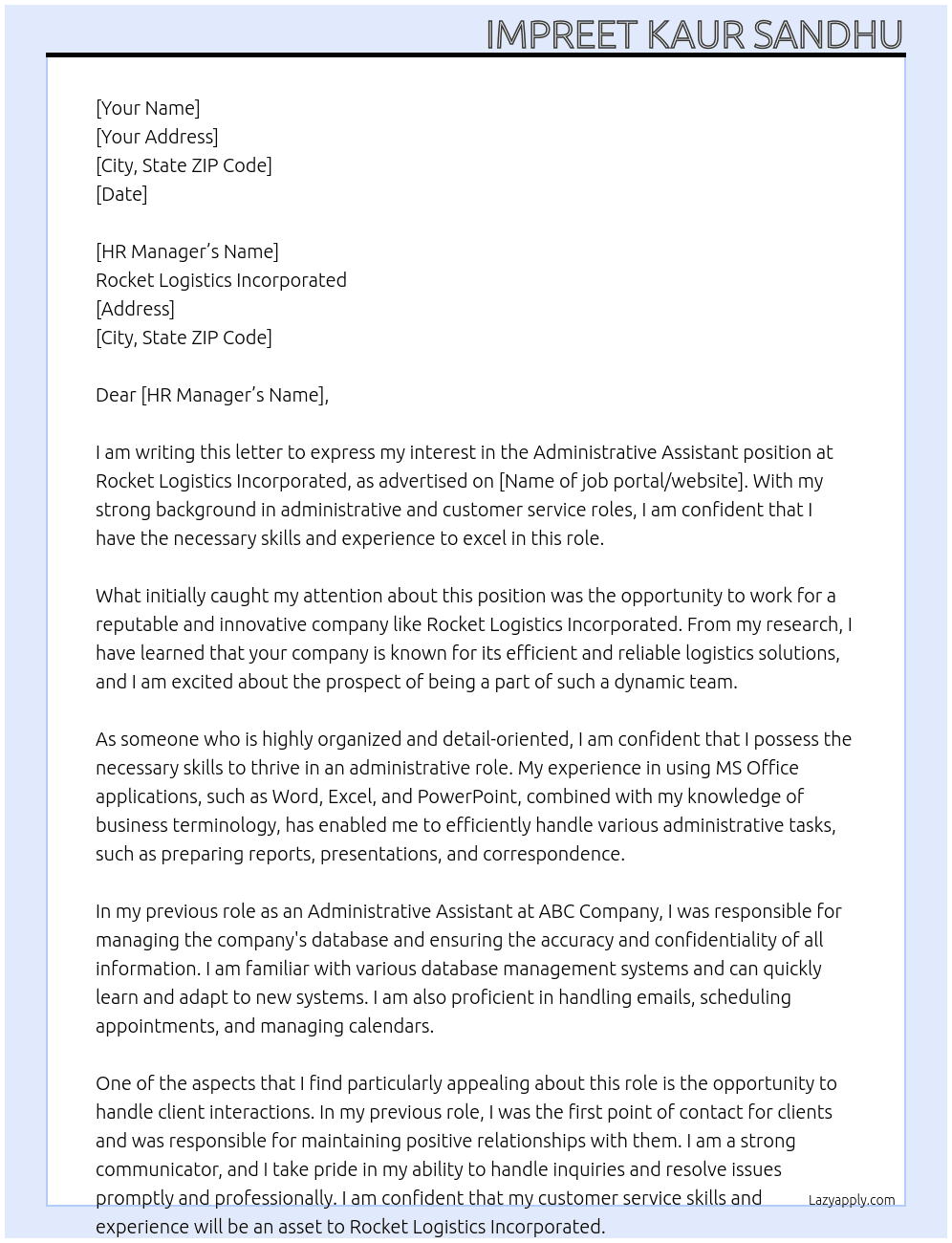 Administrative Assistant At Rocket Logistics Incorporated Cover Letter