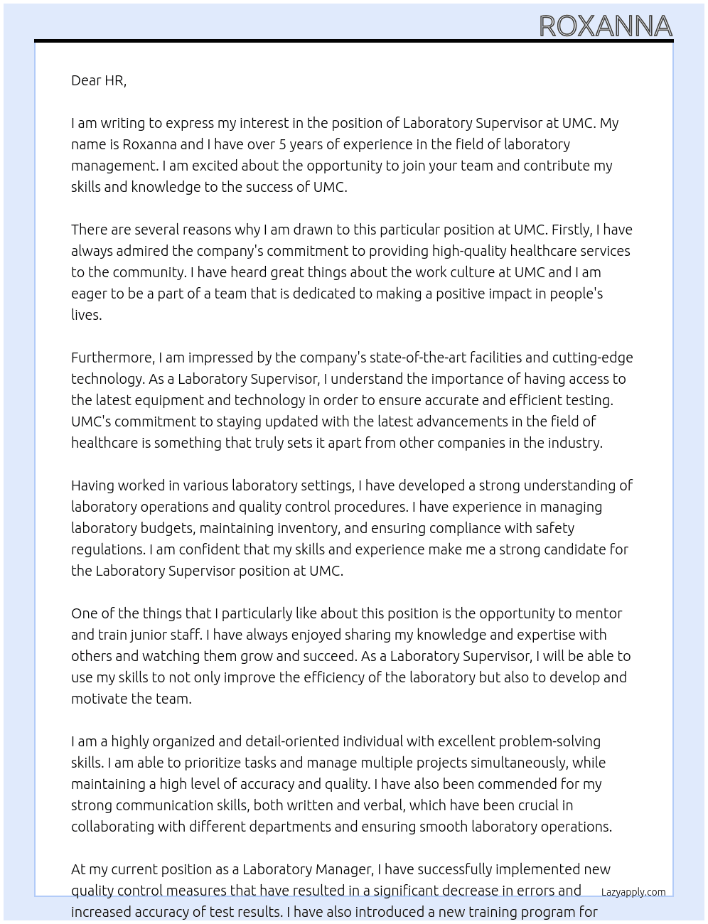 Laboratory Supervisor At UMC Cover Letter