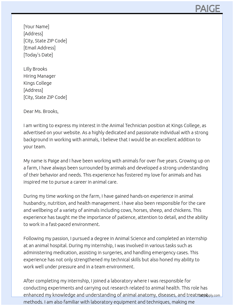 Animal technician At Kings college  Cover Letter