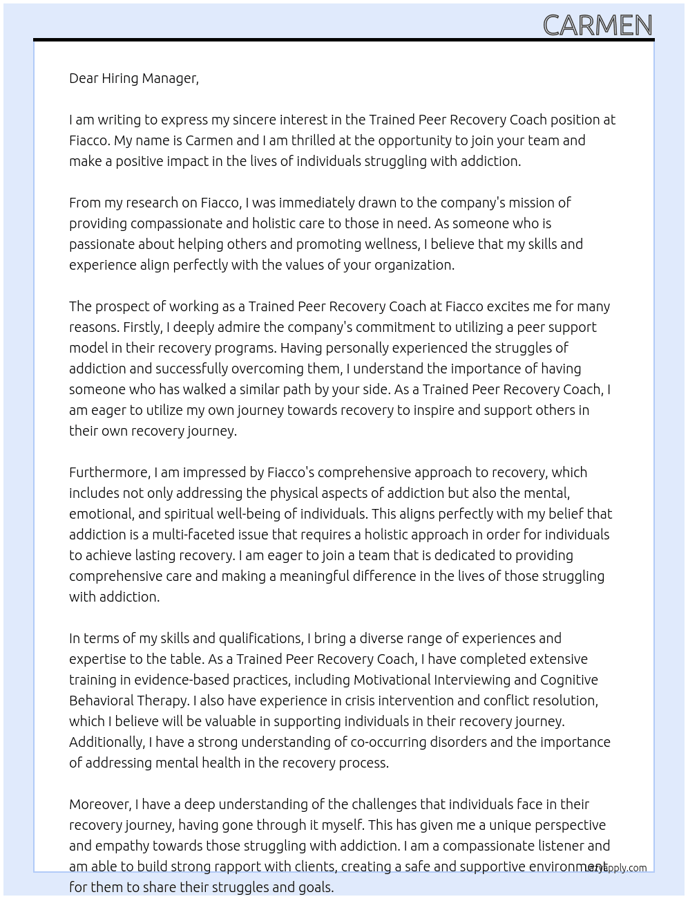 Trained Peer Recovery Coach At Fiacco Cover Letter