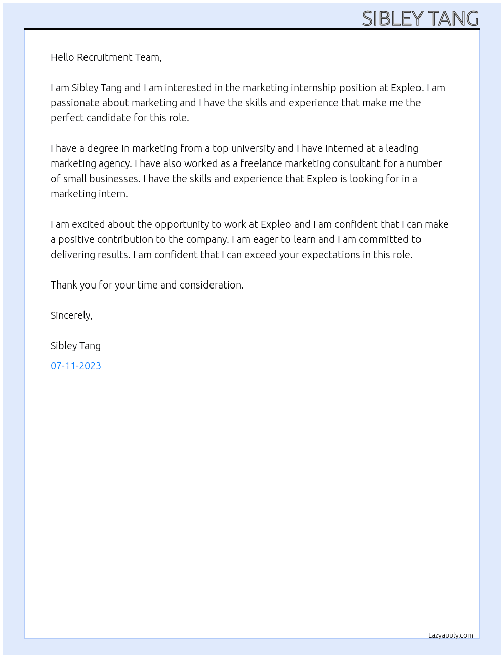 marketing internship At Expleo Cover Letter