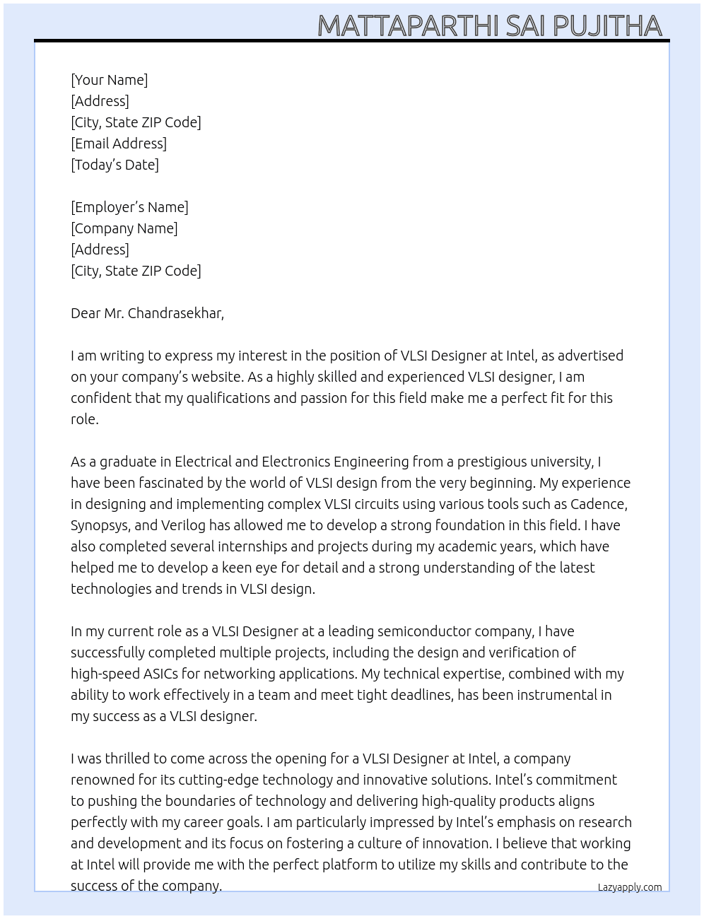 Cover letter for vlsi designer - LazyApply
