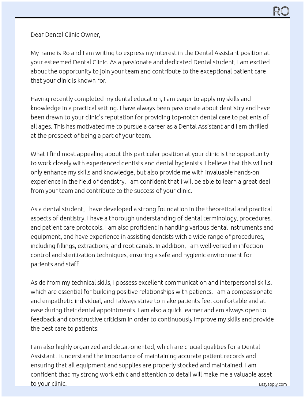 Dental Assistant At Dental Clinic Cover Letter