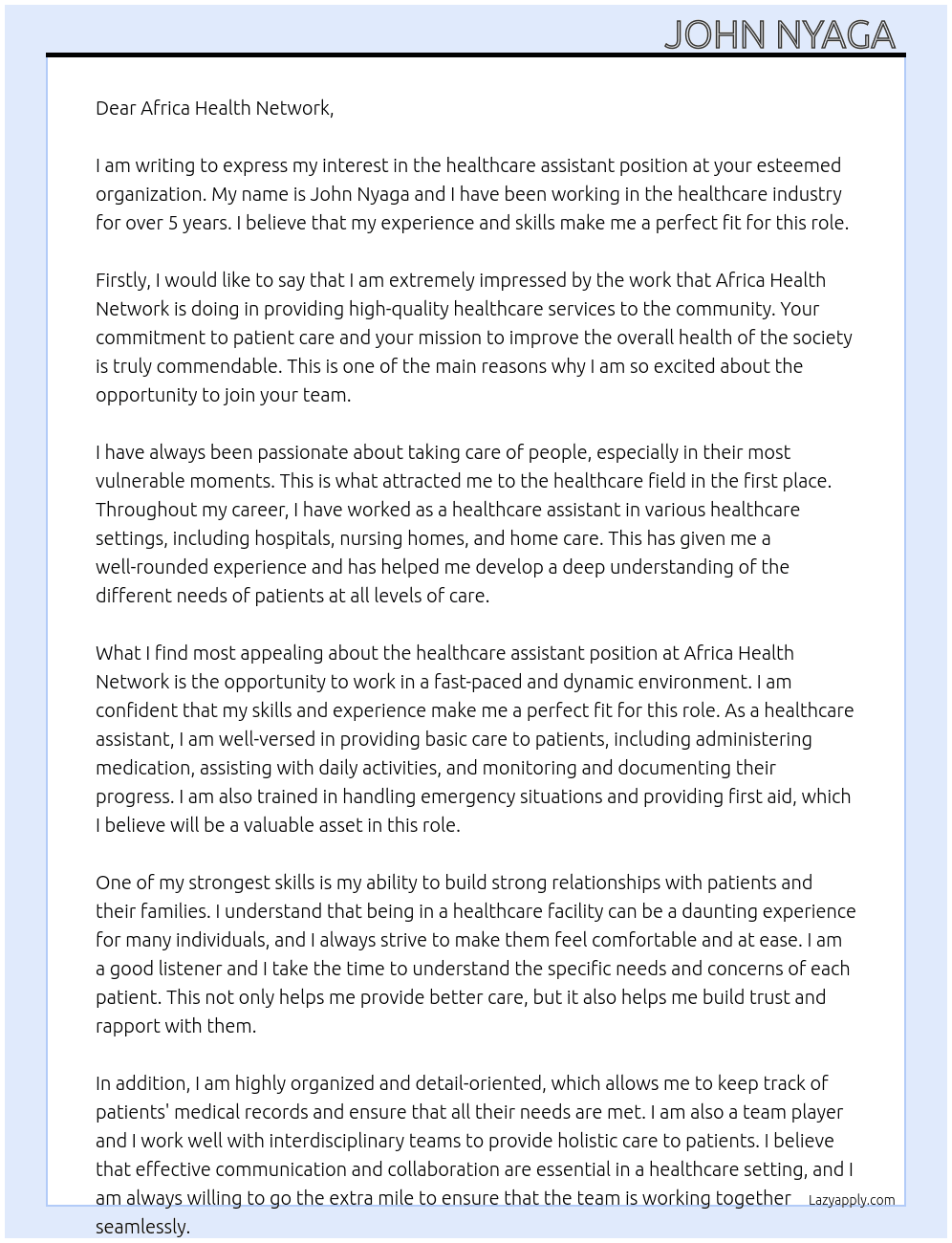 healthcare assistant  At John Nyaga  Cover Letter